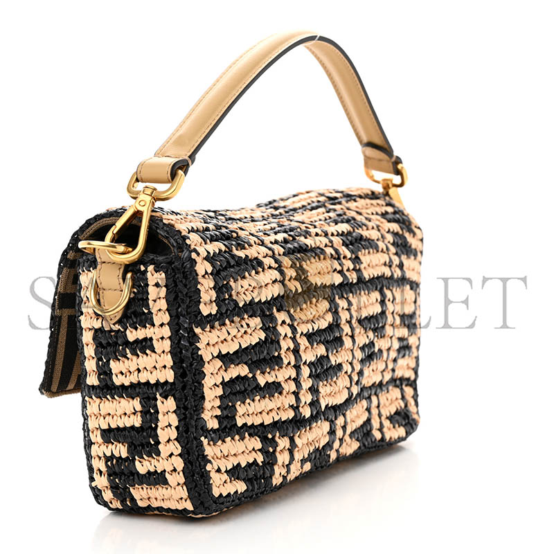 FENDI RAFFIA VITELLO GRACE FF CROCHET BAGUETTE NATURAL BLACK PAGLIA (27*15*6cm)